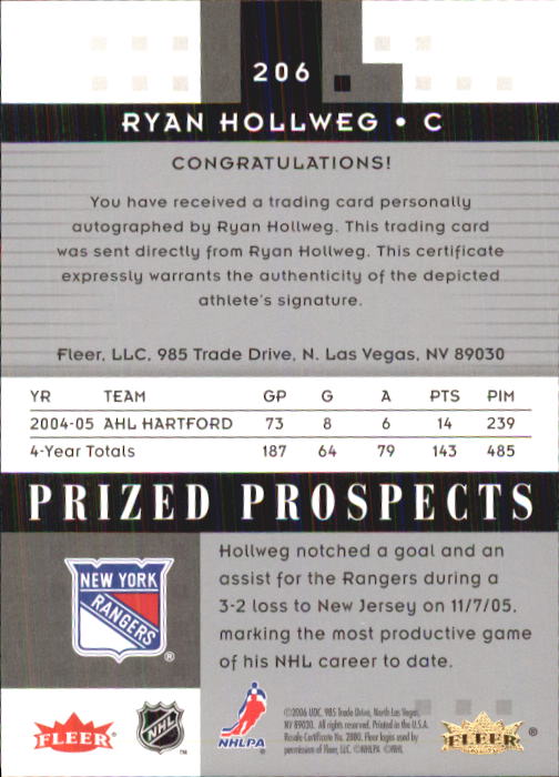 2005-06 Hot Prospects #206 Ryan Hollweg AU RC back image