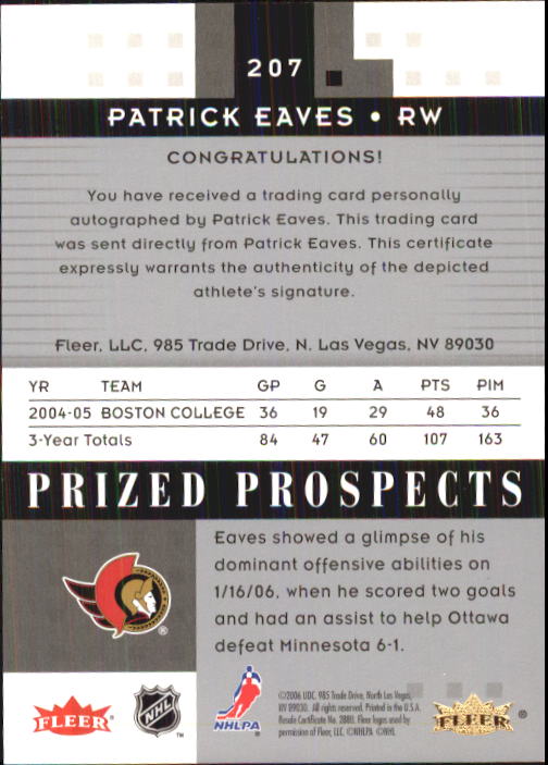2005-06 Hot Prospects #207 Patrick Eaves AU RC back image