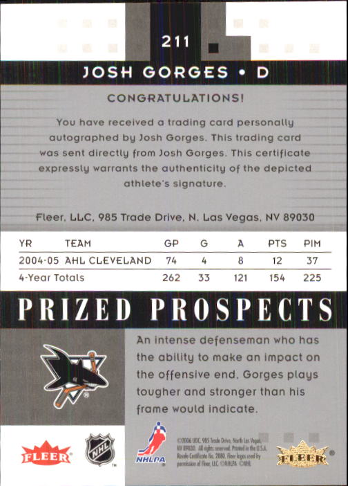2005-06 Hot Prospects #211 Josh Gorges AU RC back image