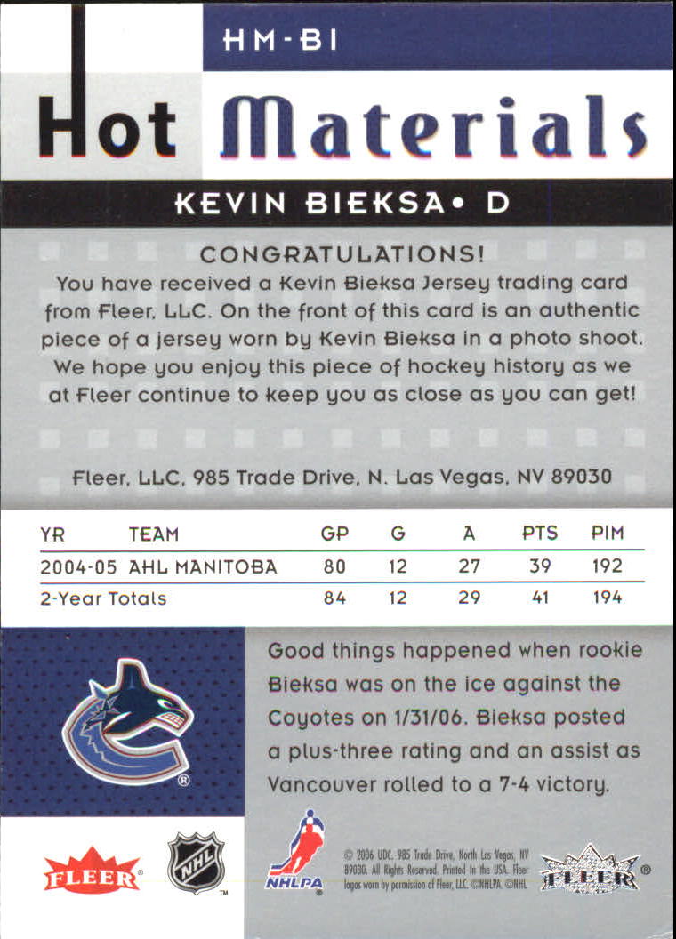 2005-06 Hot Prospects Hot Materials #HMBI Kevin Bieksa back image