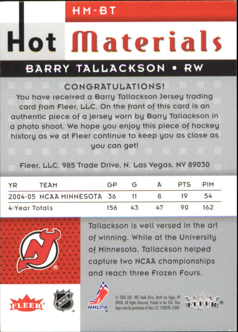 2005-06 Hot Prospects Hot Materials #HMBT Barry Tallackson back image