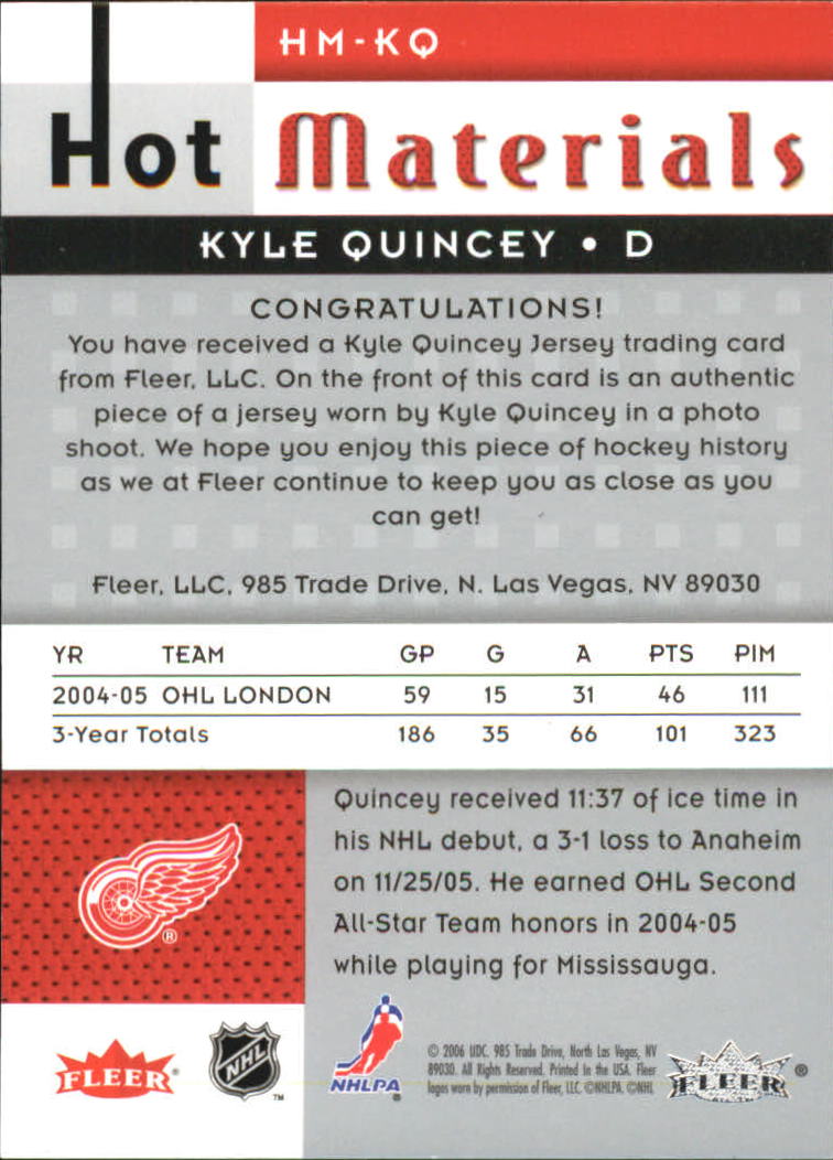 2005-06 Hot Prospects Hot Materials #HMKQ Kyle Quincey back image
