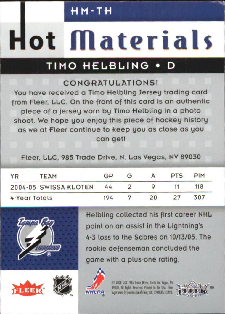 2005-06 Hot Prospects Hot Materials #HMTH Timo Helbling back image