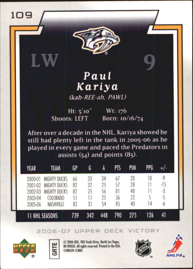 2006-07 Upper Deck Victory #109 Paul Kariya back image
