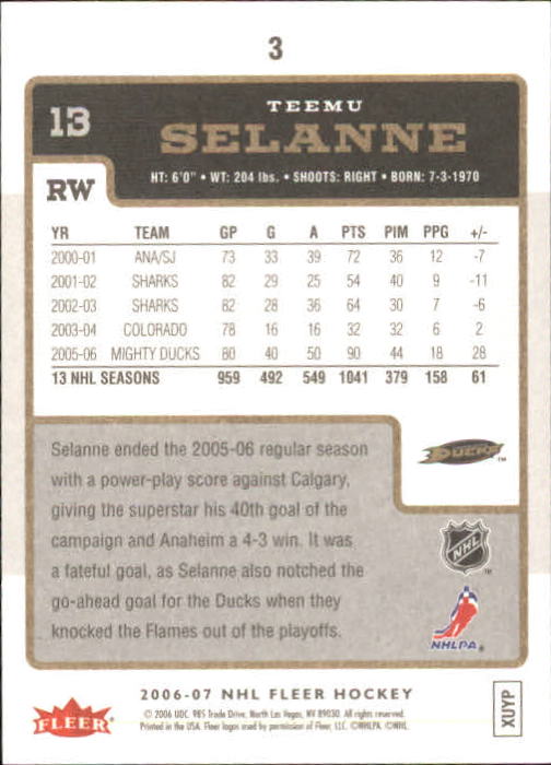 2006-07 Fleer #3 Teemu Selanne back image