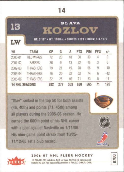 2006-07 Fleer #14 Slava Kozlov back image