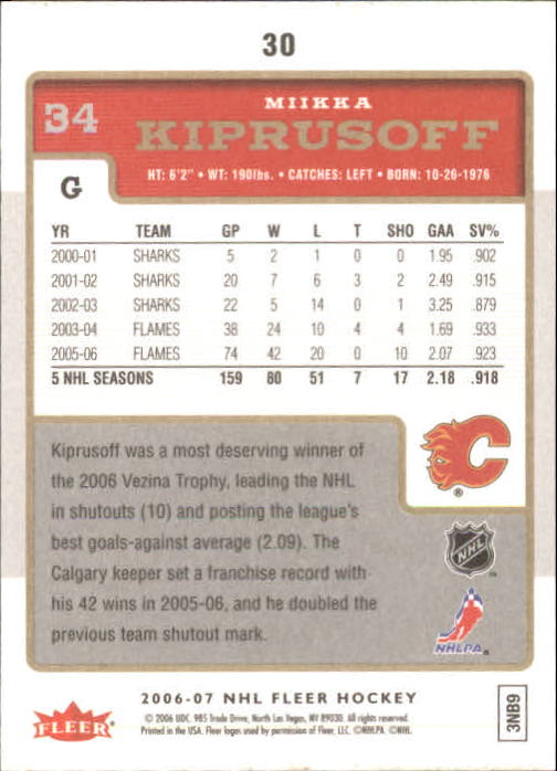 2006-07 Fleer #30 Miikka Kiprusoff back image