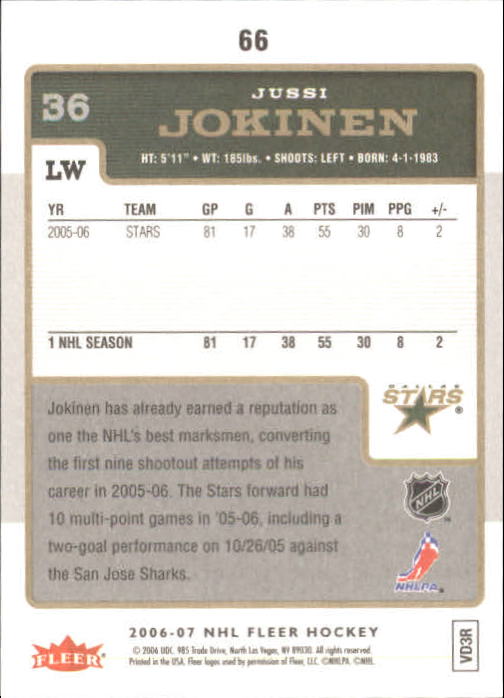 2006-07 Fleer #66 Jussi Jokinen back image