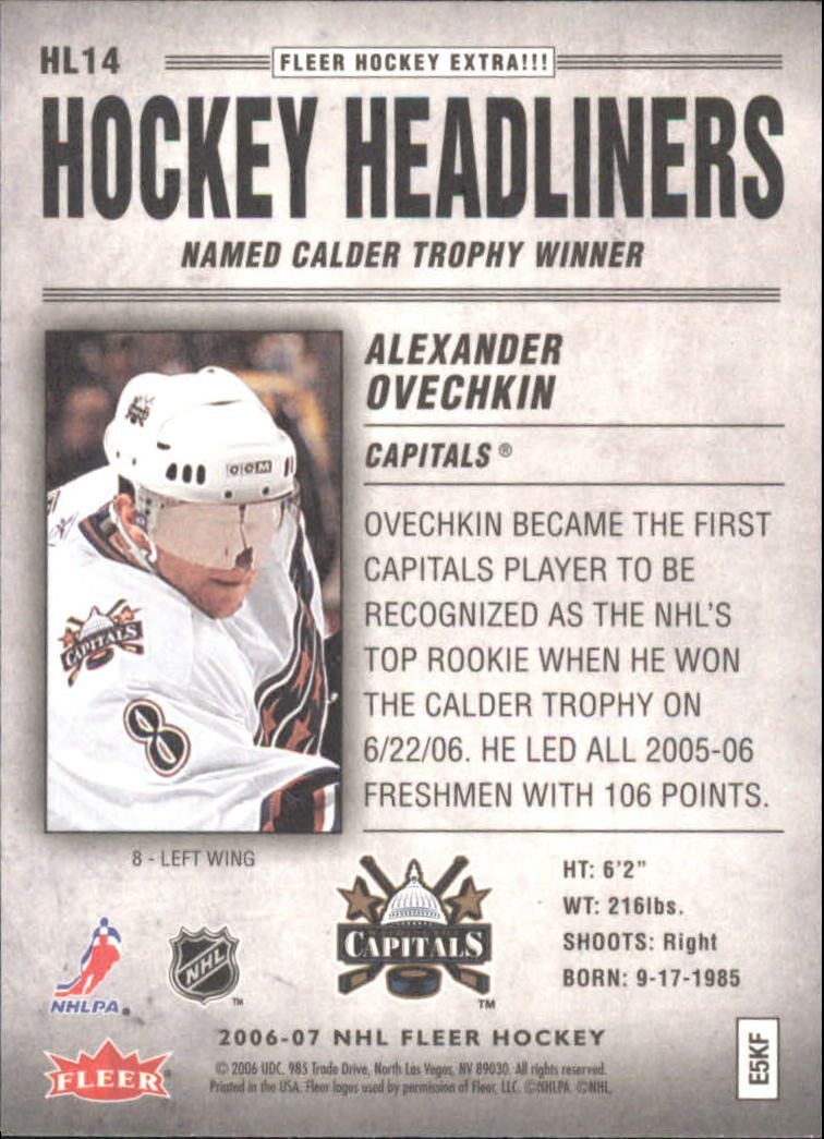 2006-07 Fleer Hockey Headliners #HL14 Alexander Ovechkin back image