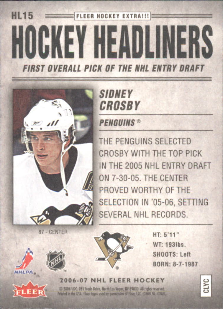 2006-07 Fleer Hockey Headliners #HL15 Sidney Crosby back image