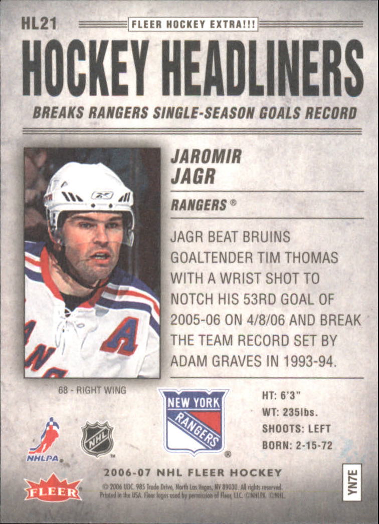 2006-07 Fleer Hockey Headliners #HL21 Jaromir Jagr back image