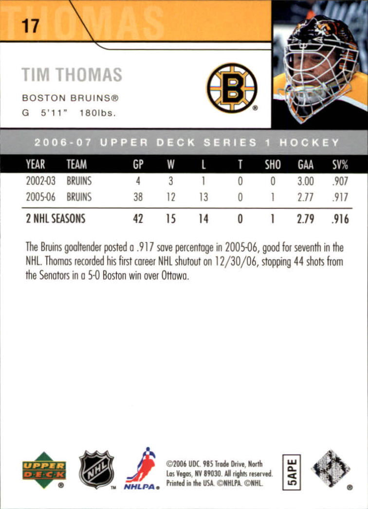 2006-07 Upper Deck #17 Tim Thomas back image