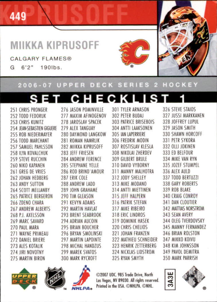 2006-07 Upper Deck #449 Miikka Kiprusoff back image