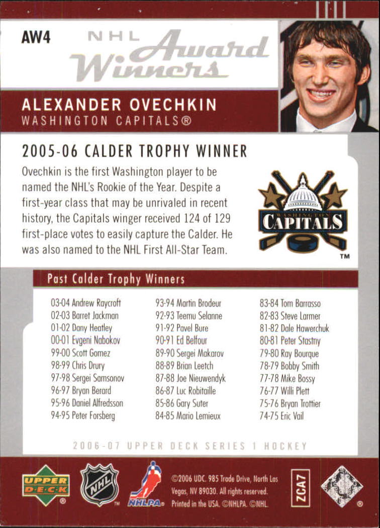 2006-07 Upper Deck Award Winners #AW4 Alexander Ovechkin back image