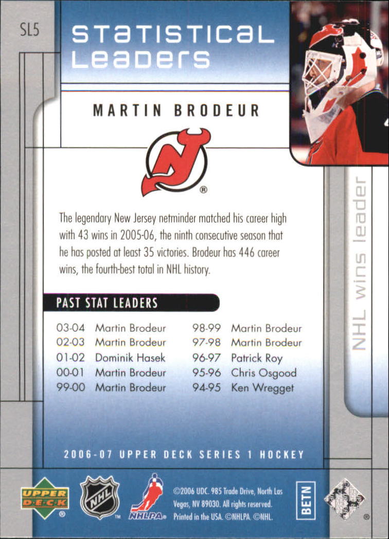 2006-07 Upper Deck Statistical Leaders #SL5 Martin Brodeur back image