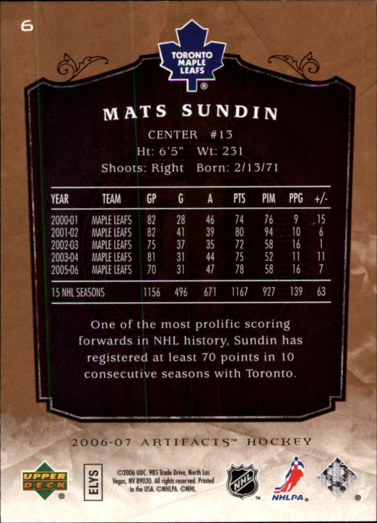 2006-07 Artifacts #6 Mats Sundin back image
