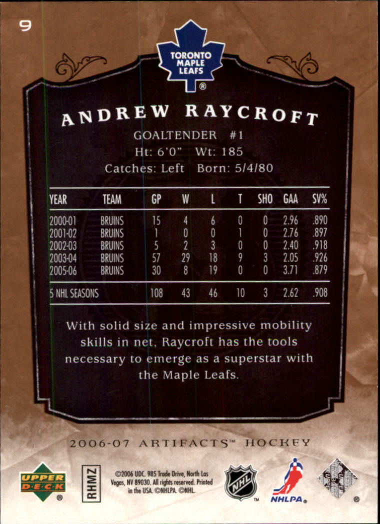 2006-07 Artifacts #9 Andrew Raycroft back image