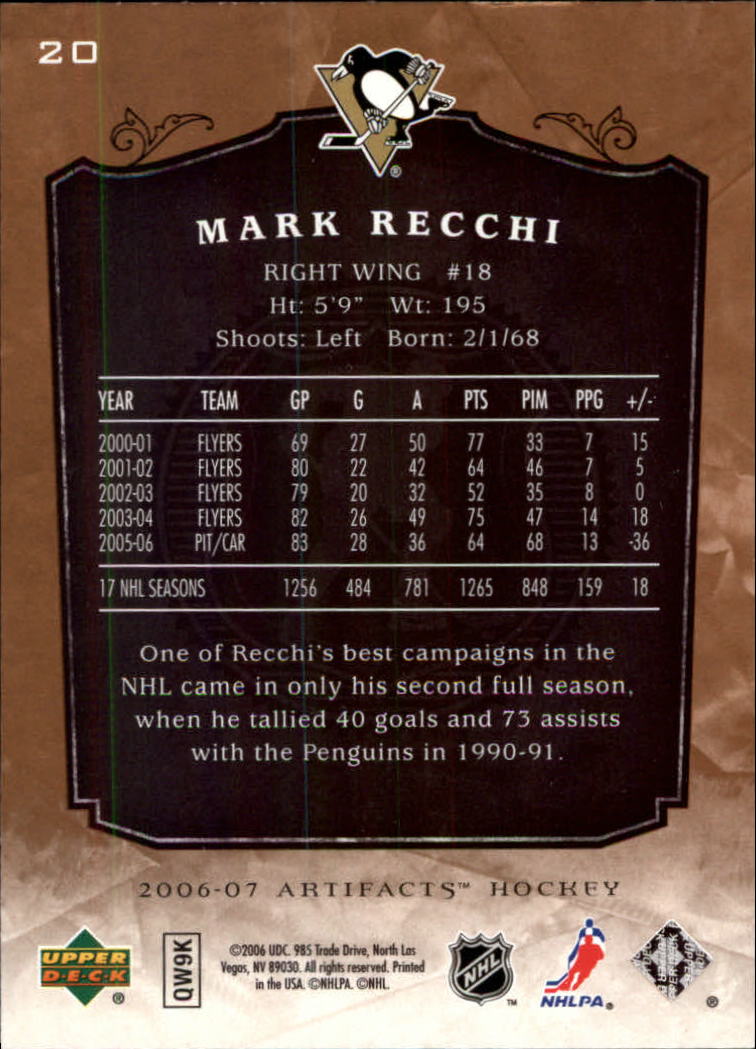 2006-07 Artifacts #20 Mark Recchi back image