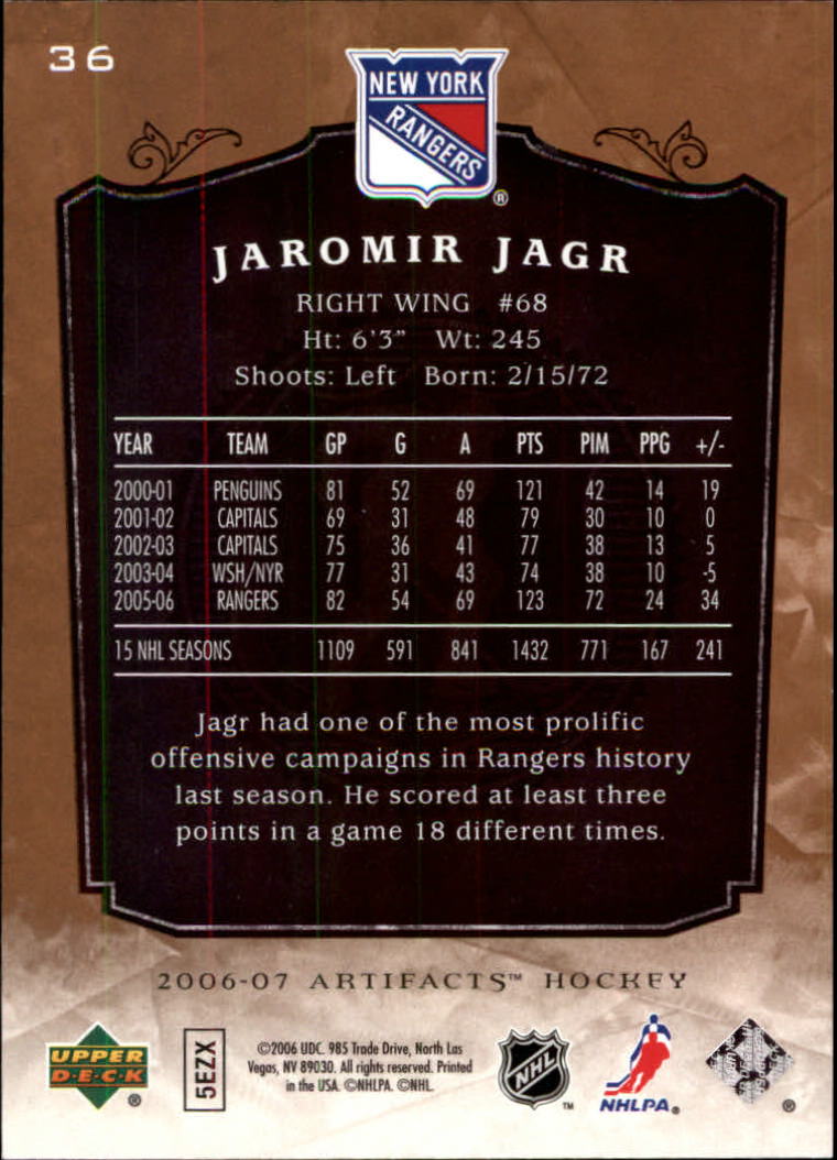 2006-07 Artifacts #36 Jaromir Jagr back image