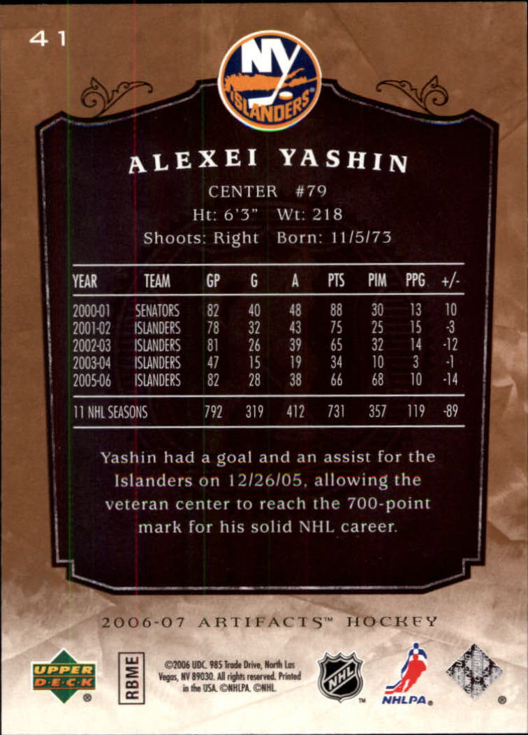 2006-07 Artifacts #41 Alexei Yashin back image