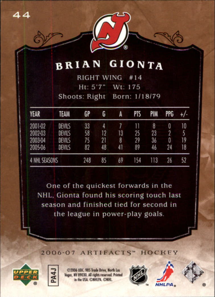 2006-07 Artifacts #44 Brian Gionta back image
