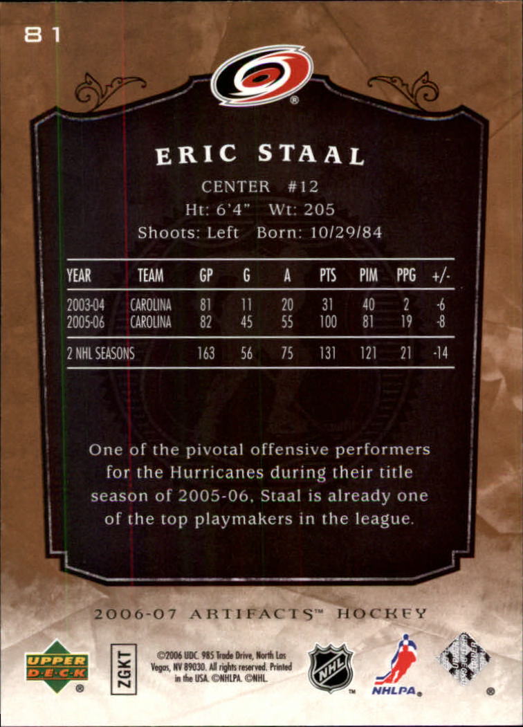2006-07 Artifacts #81 Eric Staal back image