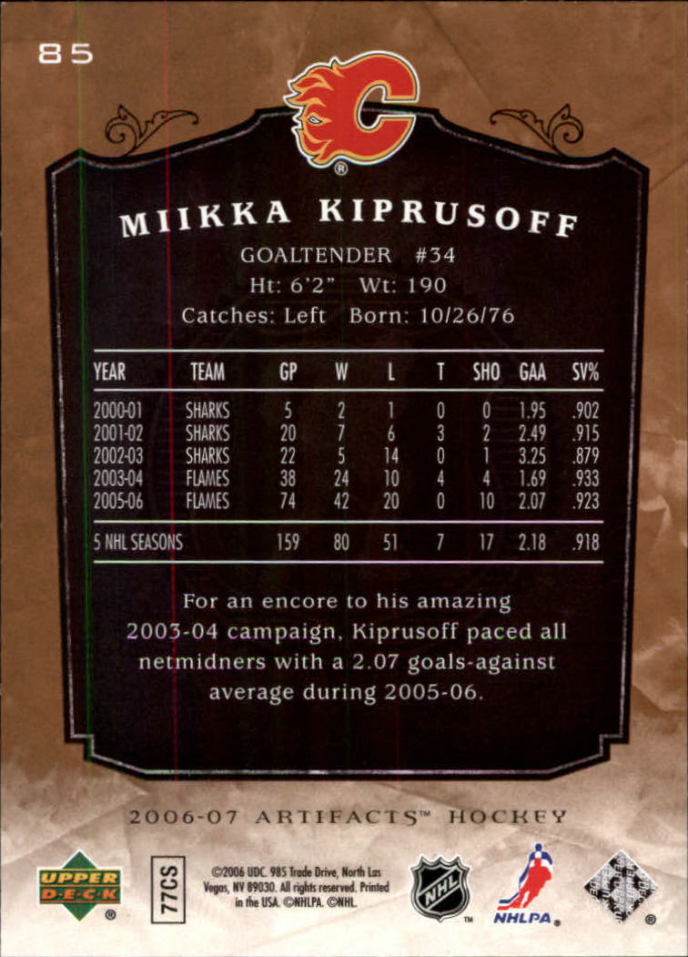 2006-07 Artifacts #85 Miikka Kiprusoff back image