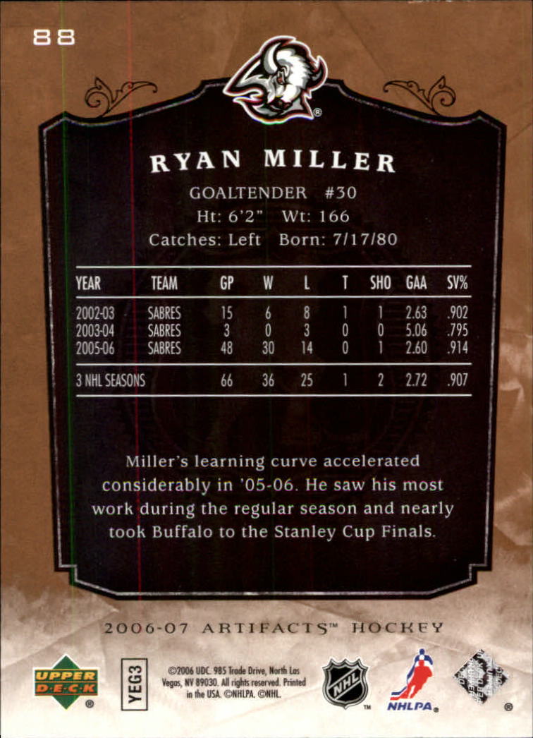 2006-07 Artifacts #88 Ryan Miller back image