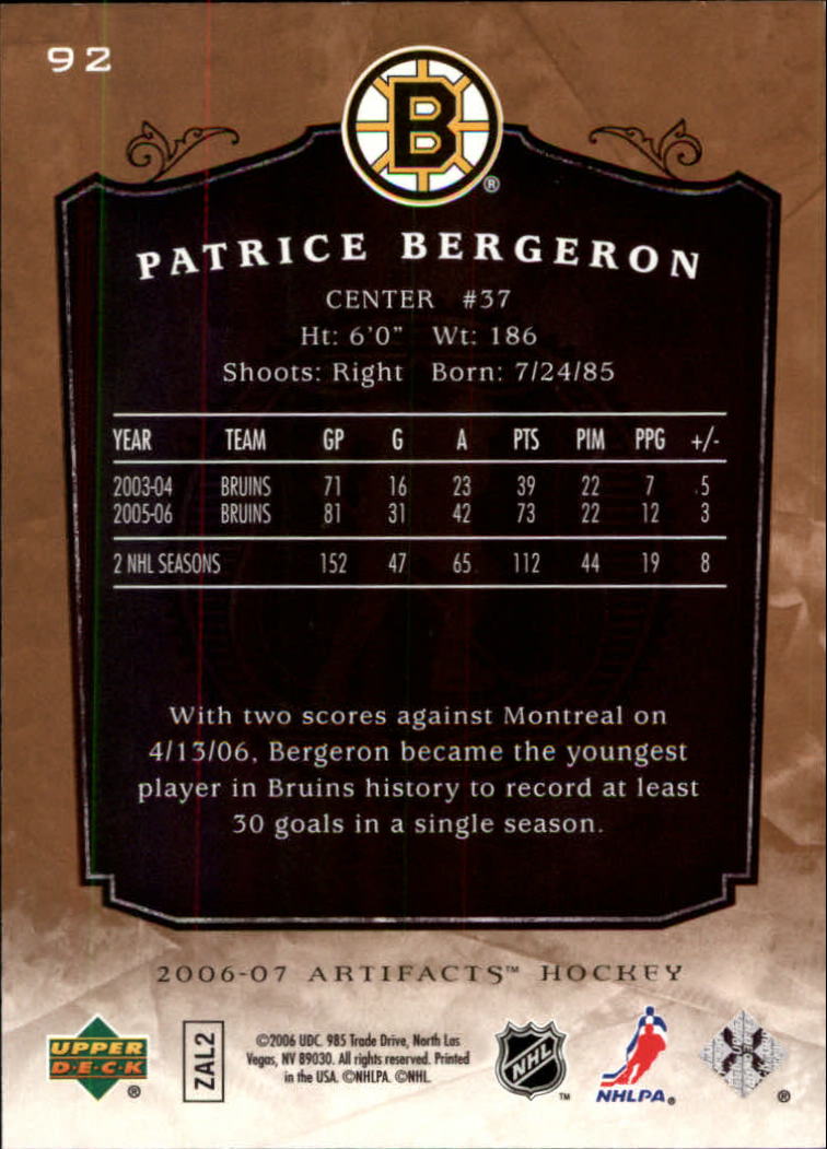 2006-07 Artifacts #92 Patrice Bergeron back image