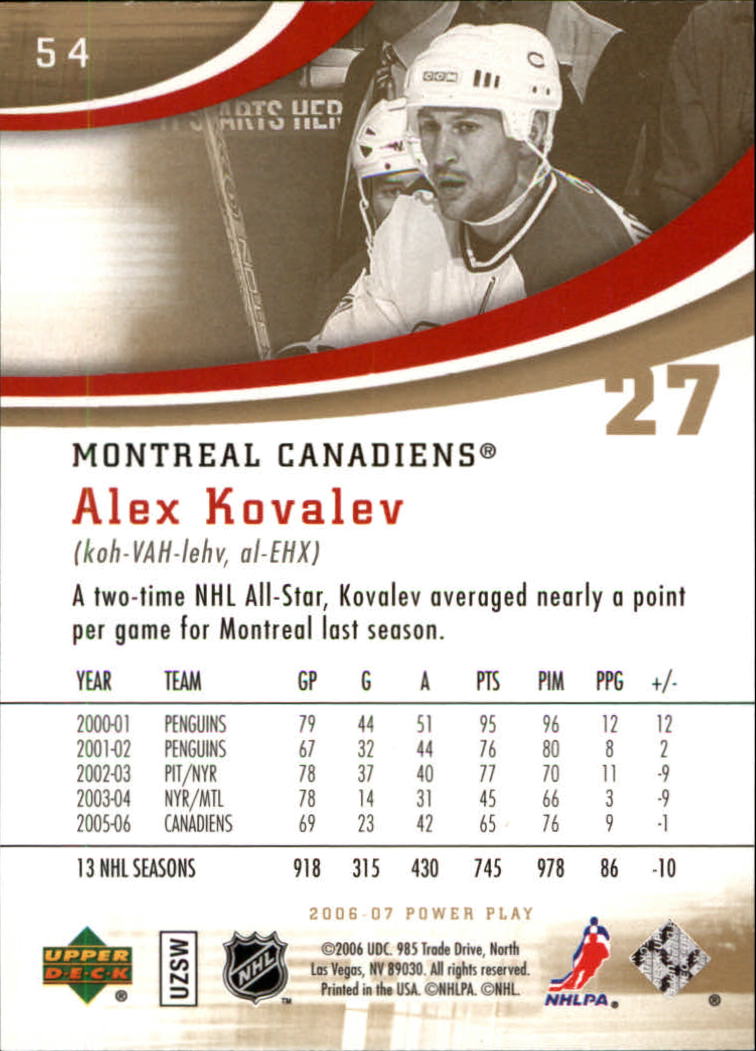 2006-07 Upper Deck Power Play #54 Alex Kovalev back image