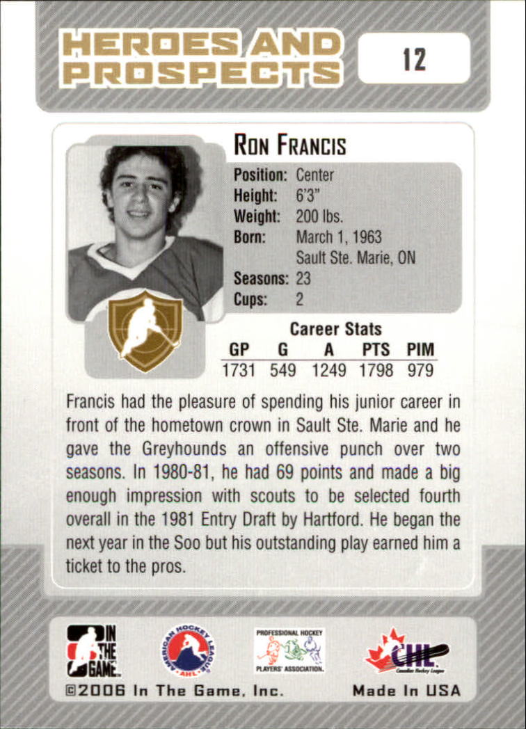 2006-07 ITG Heroes and Prospects #12 Ron Francis back image