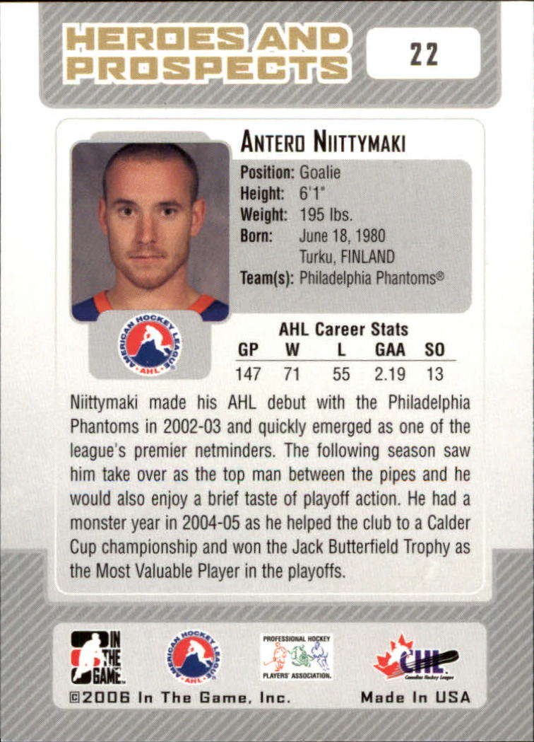 2006-07 ITG Heroes and Prospects #22 Antero Niittymaki back image