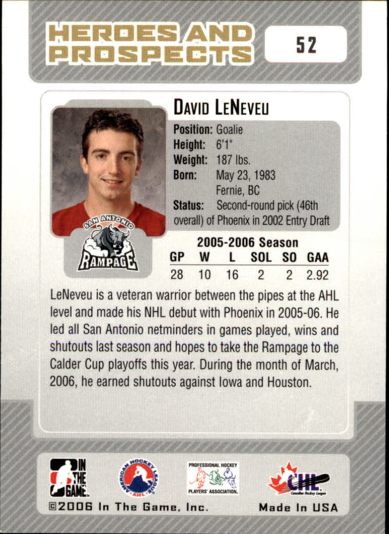 2006-07 ITG Heroes and Prospects #52 David LeNeveu back image