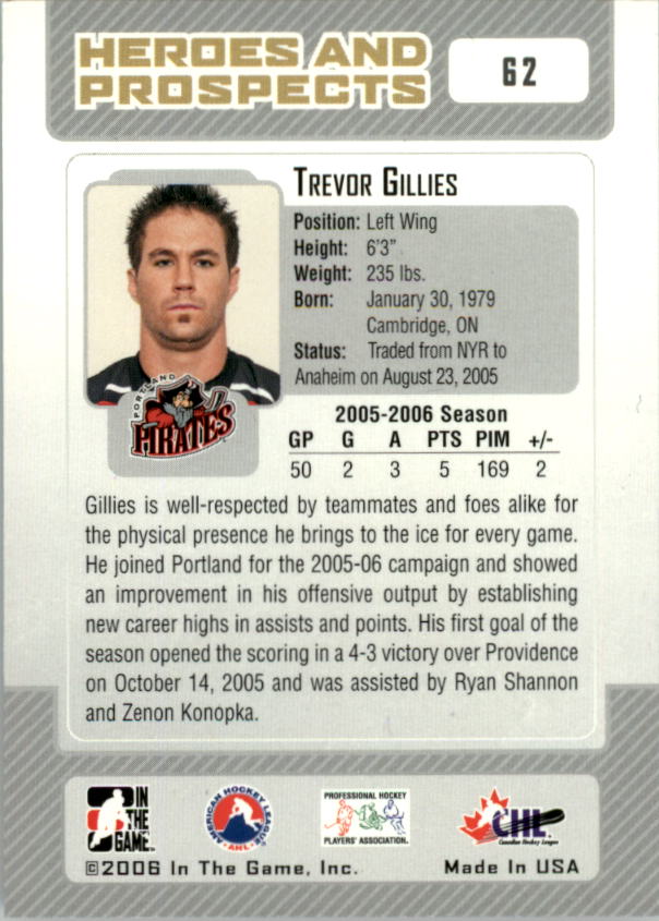 2006-07 ITG Heroes and Prospects #62 Trevor Gillies back image