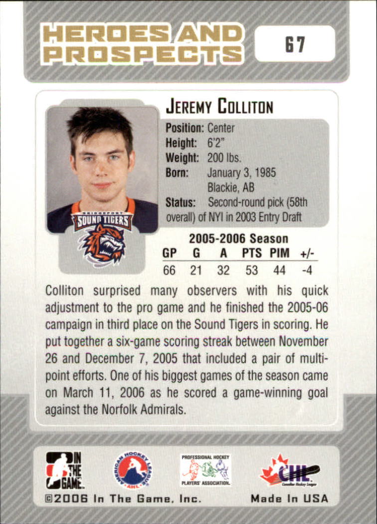 2006-07 ITG Heroes and Prospects #67 Jeremy Colliton back image