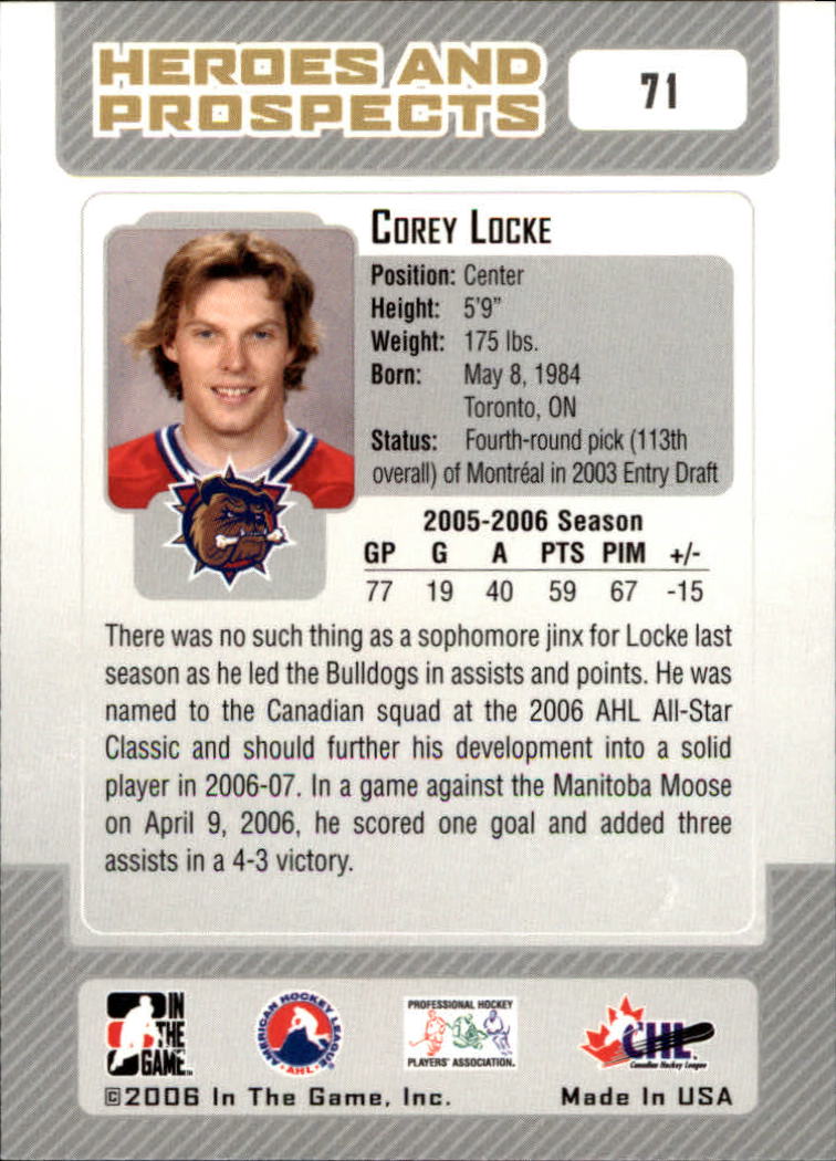 2006-07 ITG Heroes and Prospects #71 Corey Locke back image