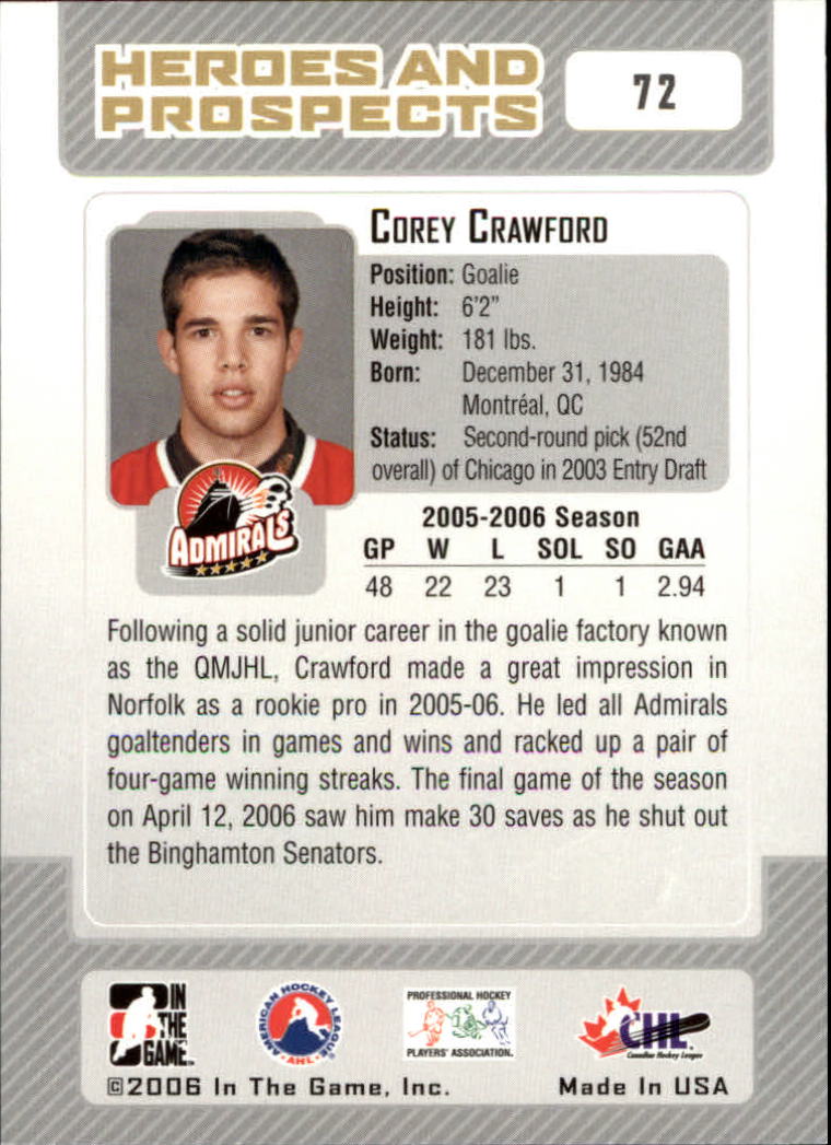 2006-07 ITG Heroes and Prospects #72 Corey Crawford back image