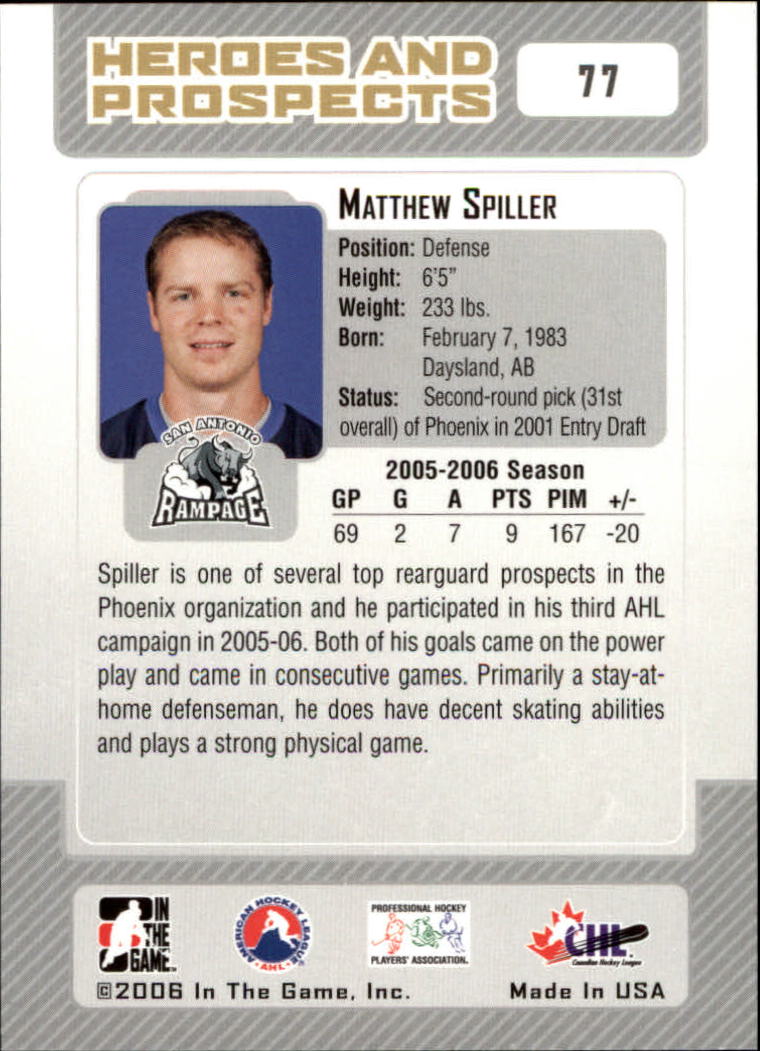 2006-07 ITG Heroes and Prospects #77 Matthew Spiller back image