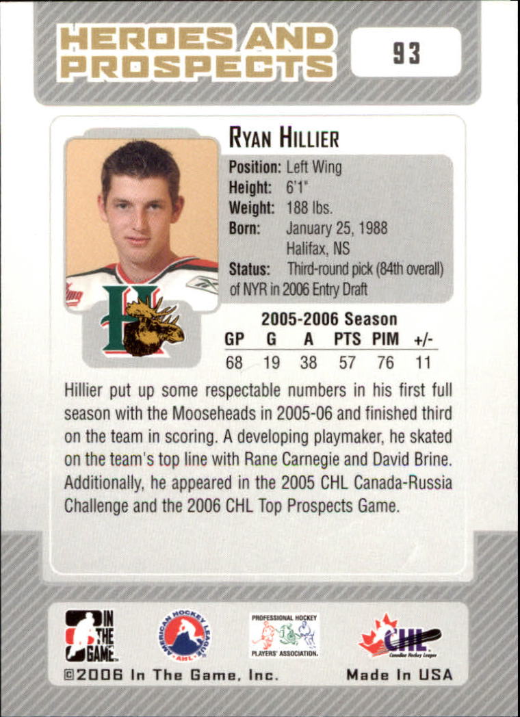 2006-07 ITG Heroes and Prospects #93 Ryan Hillier back image