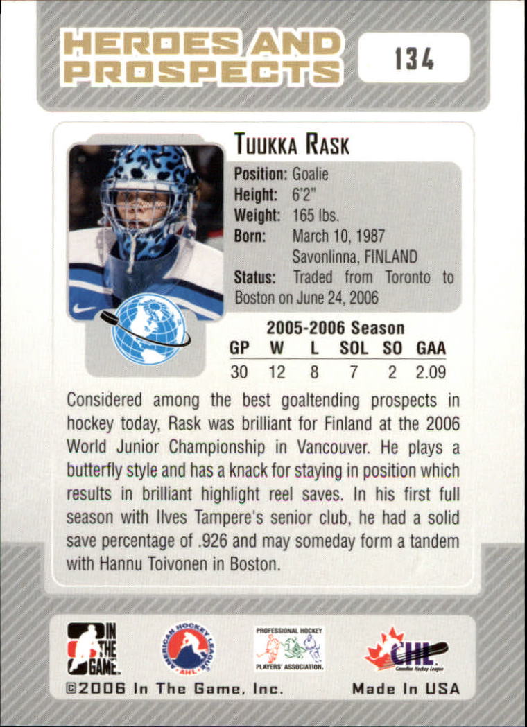 2006-07 ITG Heroes and Prospects #134 Tuukka Rask back image