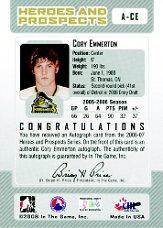 2006-07 ITG Heroes and Prospects Autographs #ACE Cory Emmerton back image