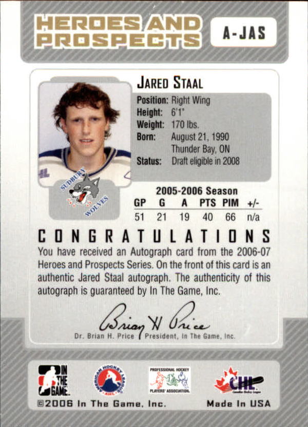 2006-07 ITG Heroes and Prospects Autographs #AJAS Jared Staal back image
