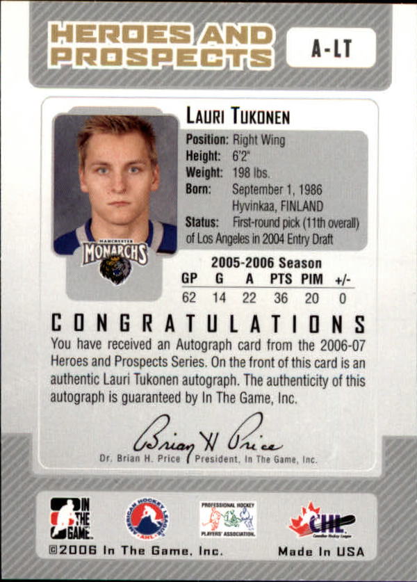 2006-07 ITG Heroes and Prospects Autographs #ALT Lauri Tukonen back image