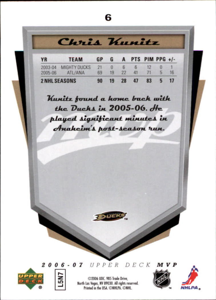2006-07 Upper Deck MVP #6 Chris Kunitz back image