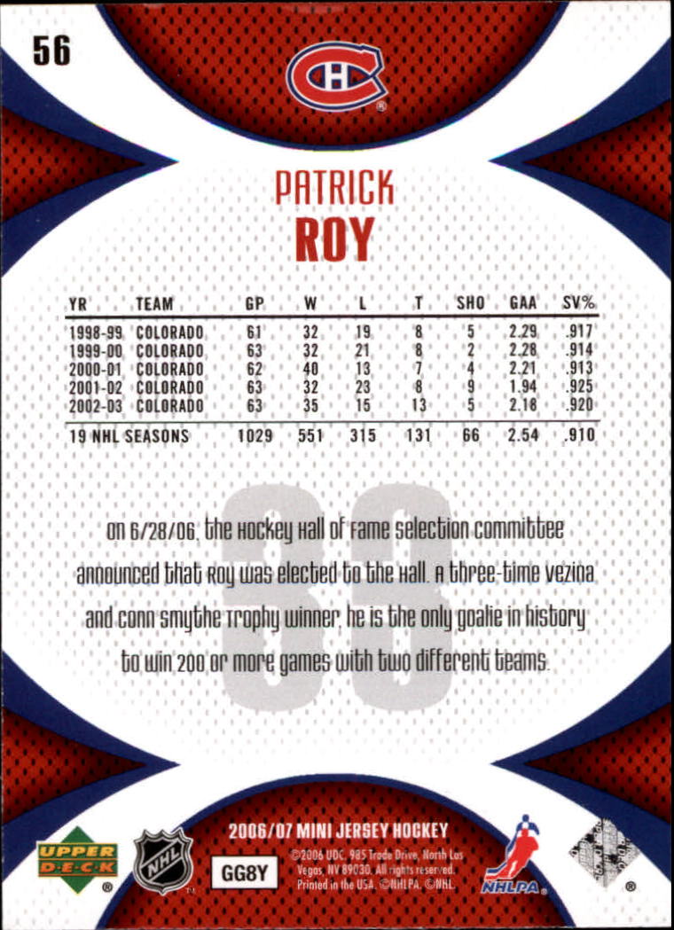 2006-07 UD Mini Jersey Collection #56 Patrick Roy back image