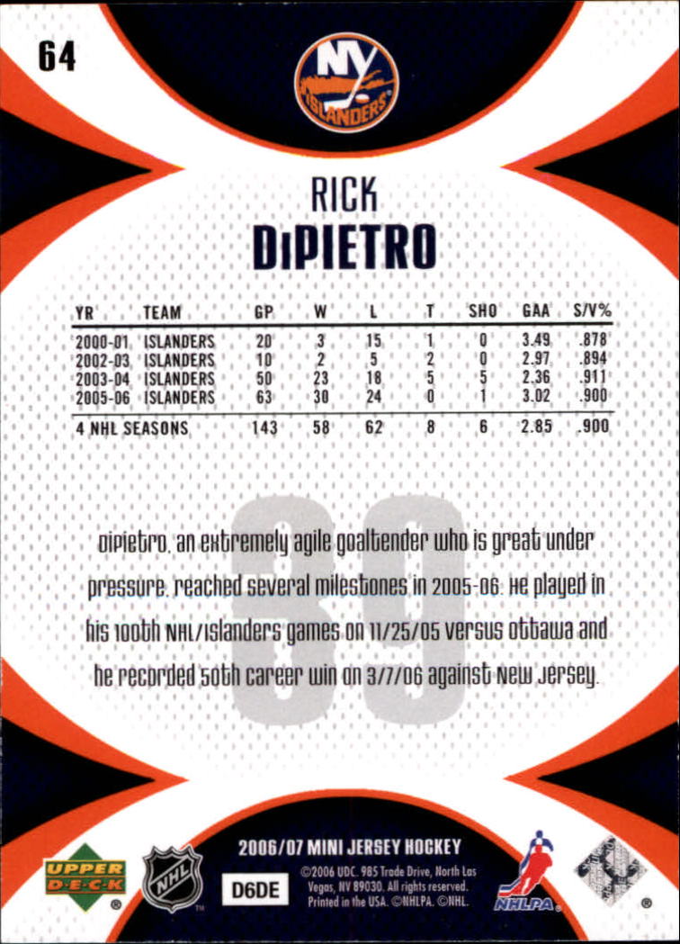 2006-07 UD Mini Jersey Collection #64 Rick DiPietro back image