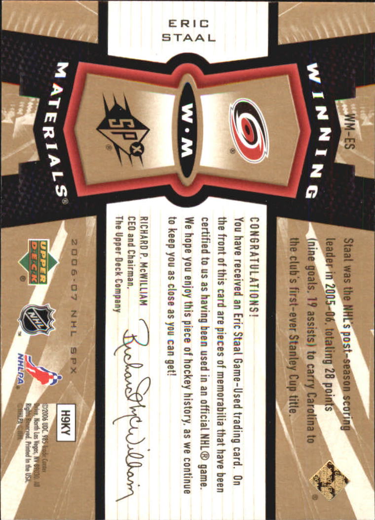 2006-07 SPx Winning Materials #WMES Eric Staal back image