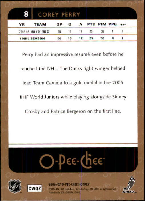 2006-07 O-Pee-Chee #8 Corey Perry back image