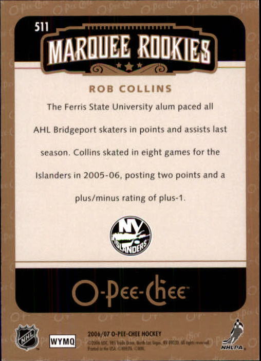 2006-07 O-Pee-Chee #511 Rob Collins RC back image