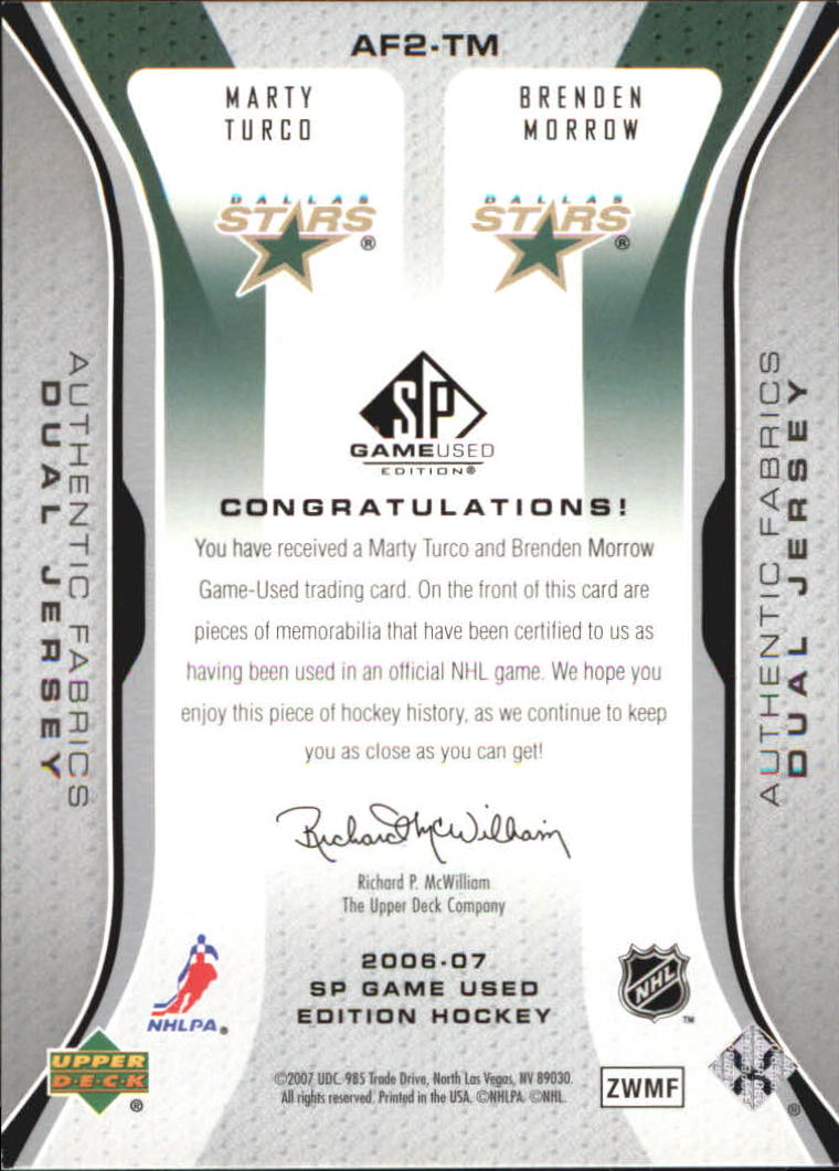 2006-07 SP Game Used Authentic Fabrics Dual #AF2TM Marty Turco/Brenden Morrow back image